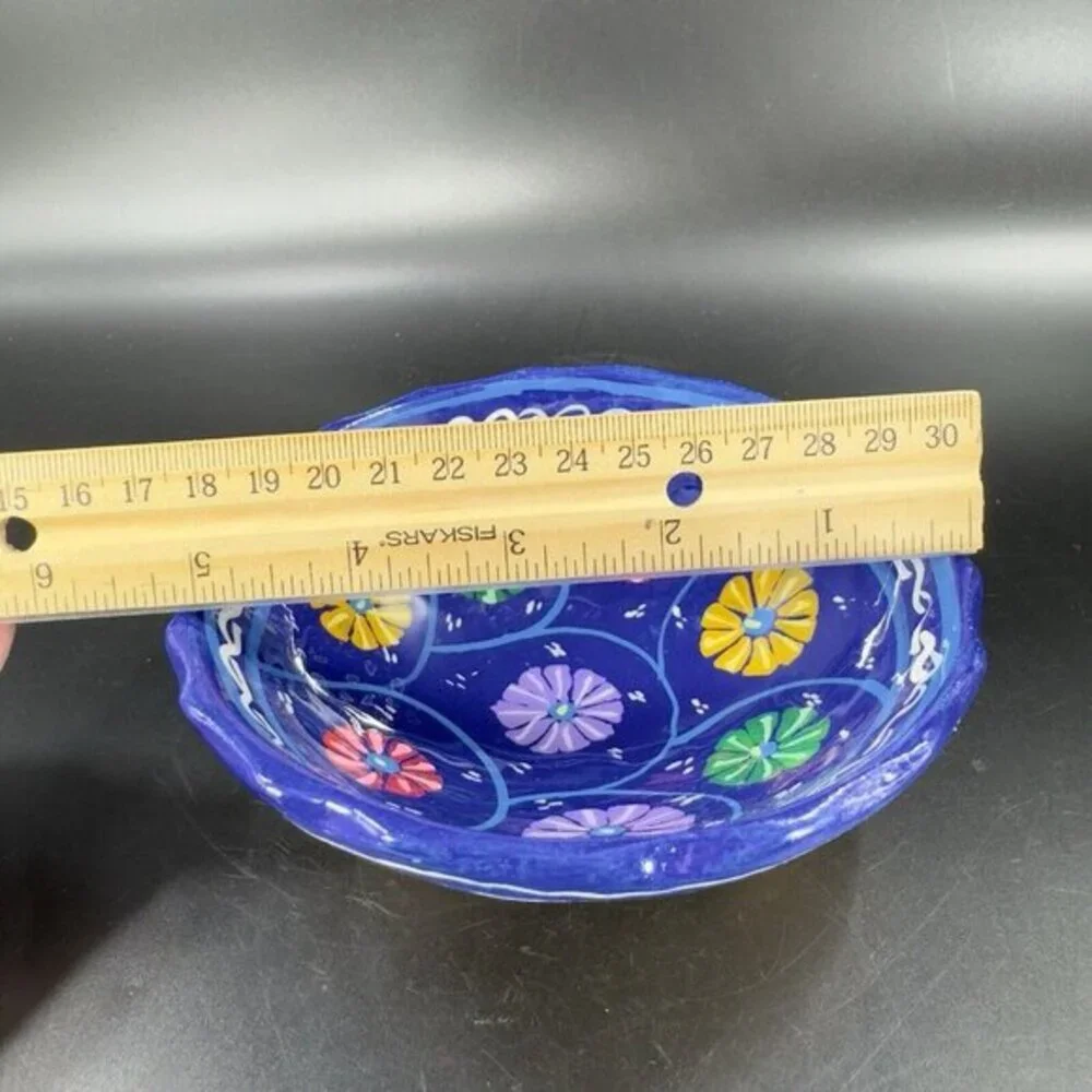 Vintage Hand Made Mexico Folk Art Pottery‎ Footed Bowl Dish Multicolor Blue Dish